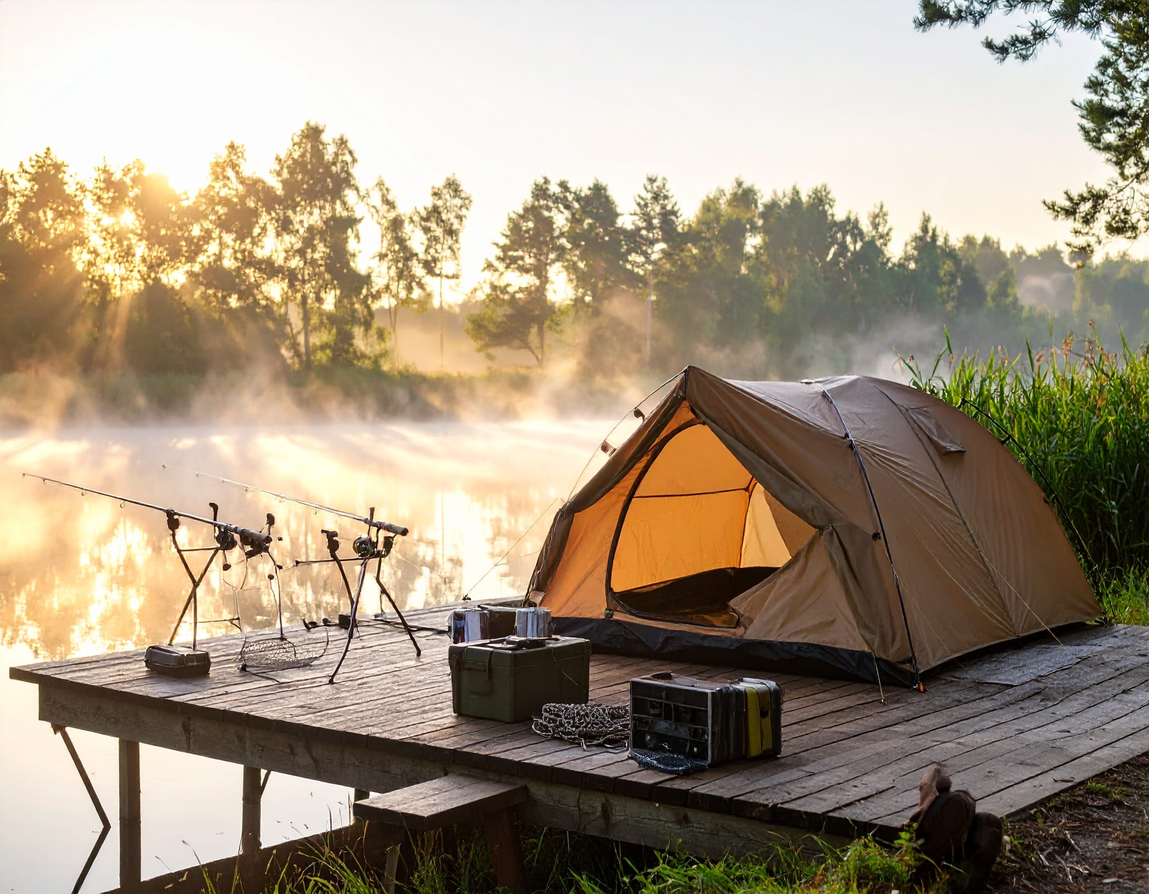 karpfen-angeln-tipps-bivvy-setup.jpg Karpfen angeln Tipps – bivvy Zelt mit Ruten und Angelzubehör am Seeufer bei Morgennebel