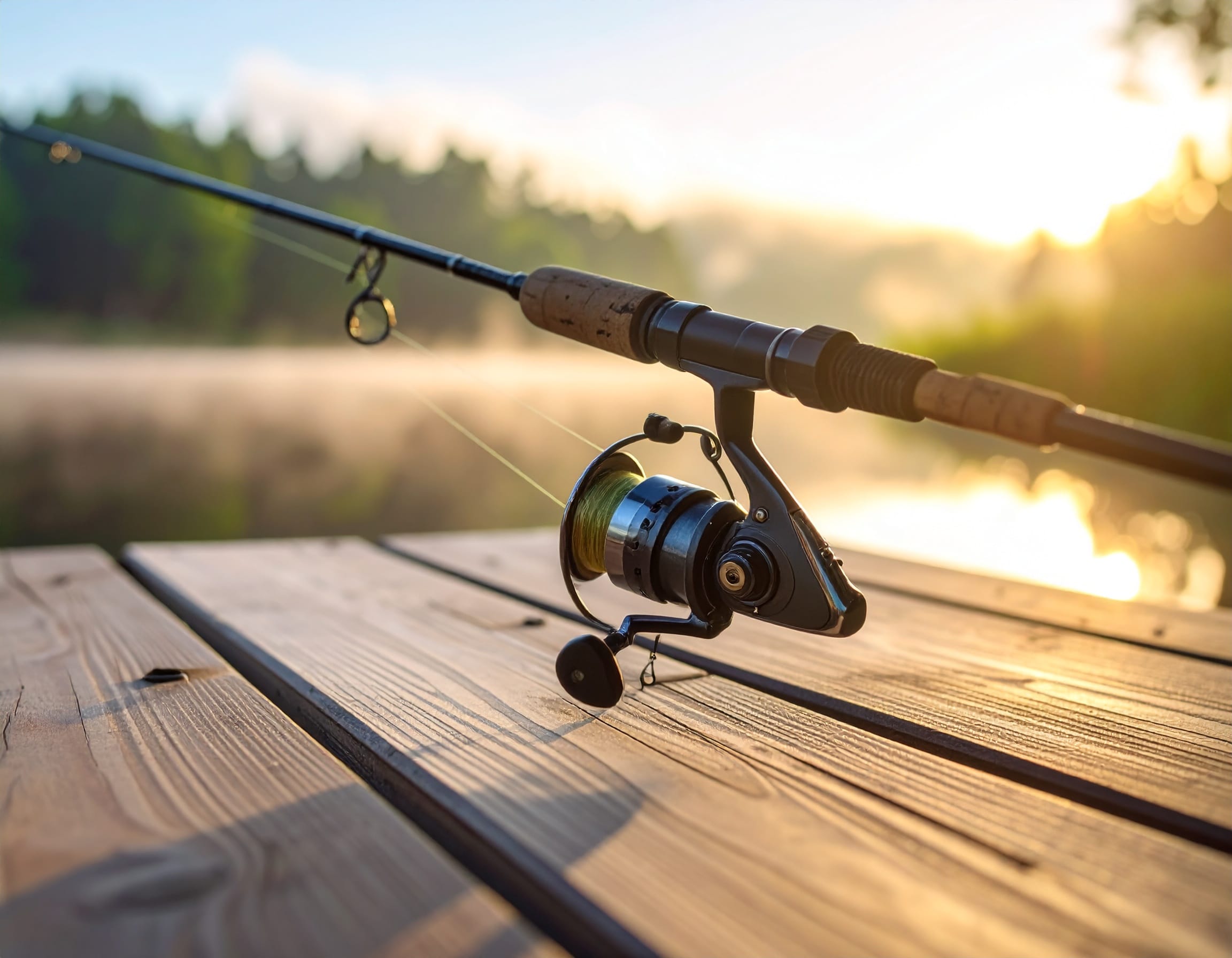 Drop Shot Angeln Tipps – Montierte Drop Shot Montage mit Köder am Seeufer bei Sonnenaufgang