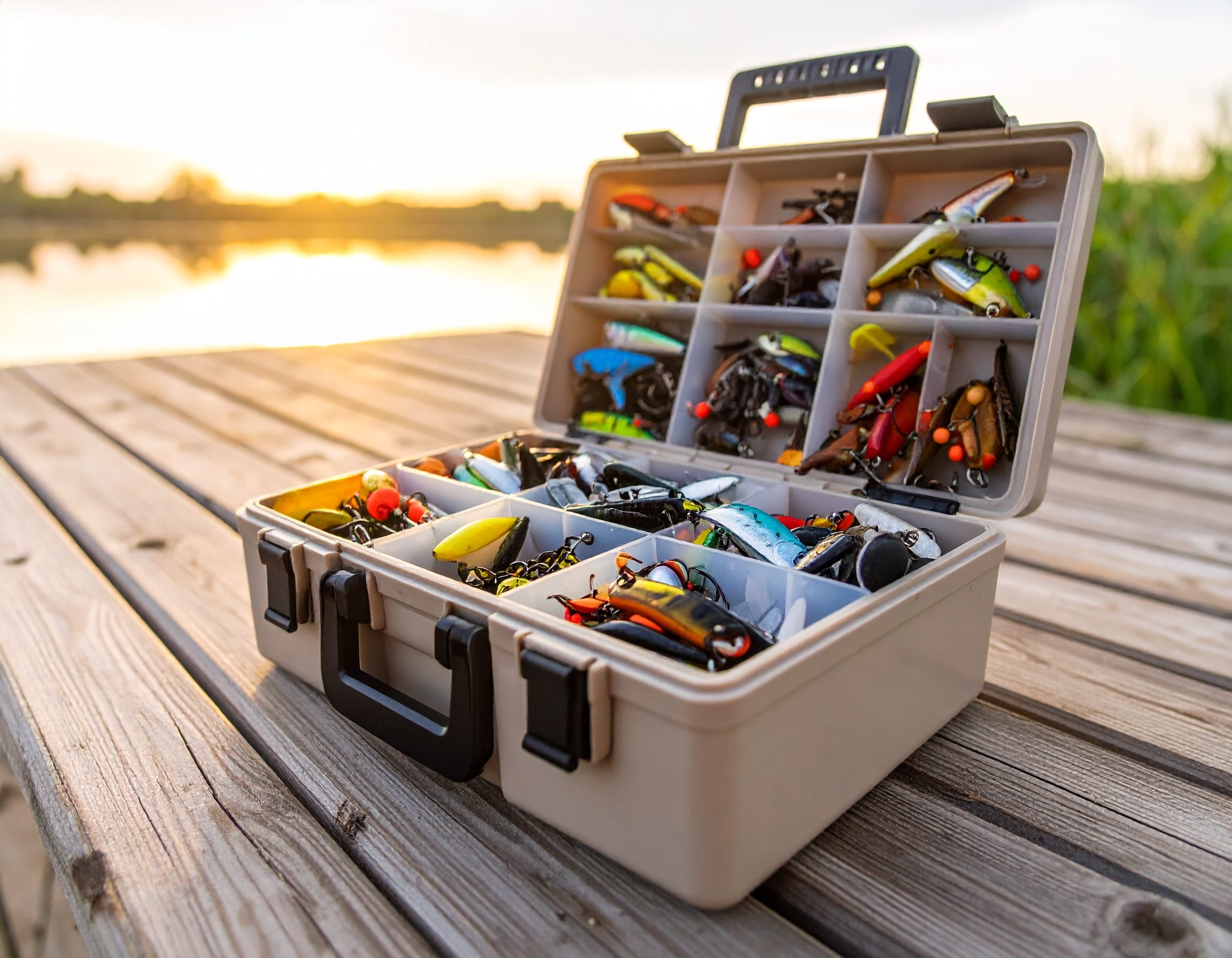 Angel Tackle Box kaufen – gut organisierte Angelbox mit Zubehör am Seeufer