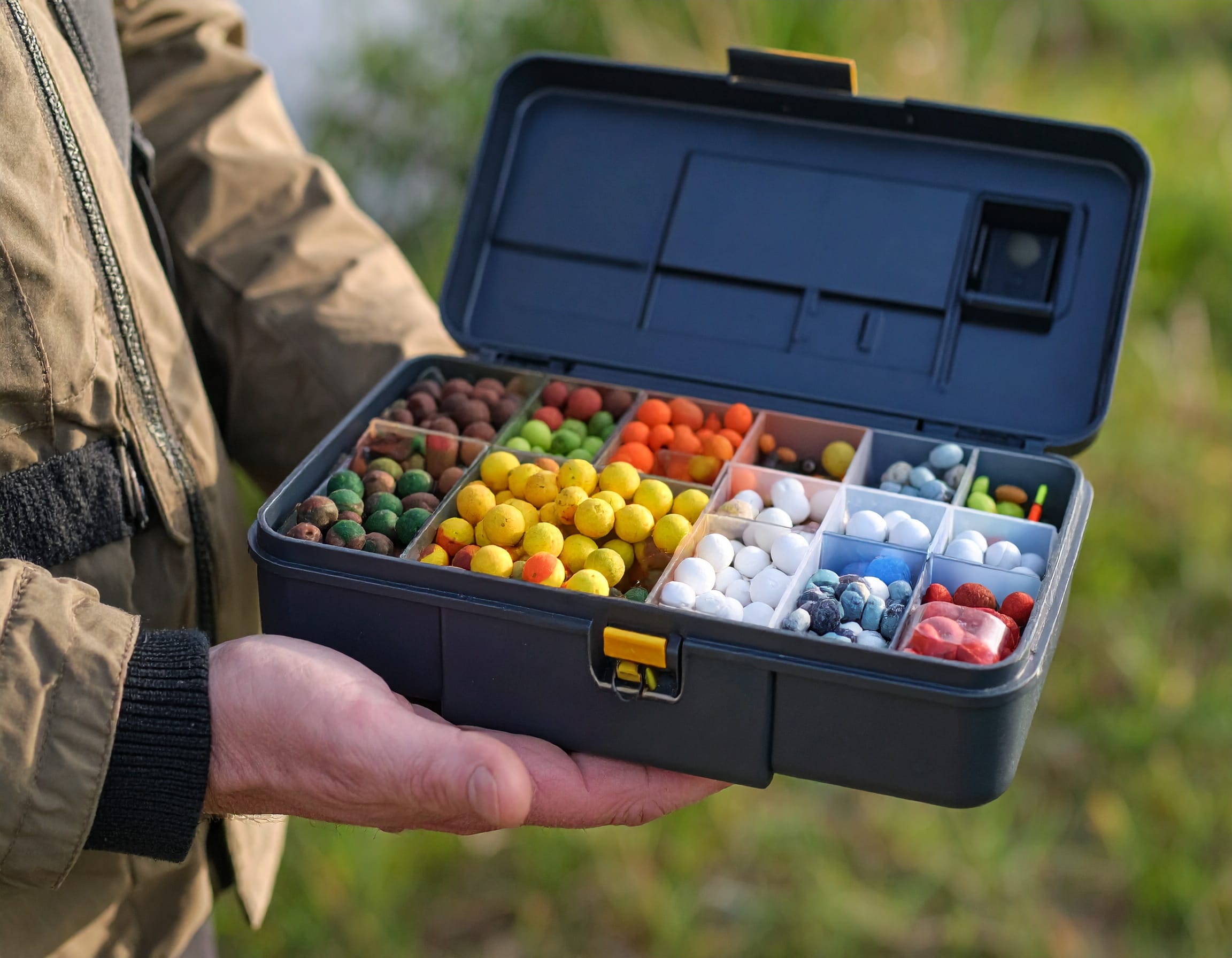 boilies-auswahl-karpfenangeln.jpg Verschiedene Boilies für das Karpfenangeln in der Hand eines Anglers vor einem See
